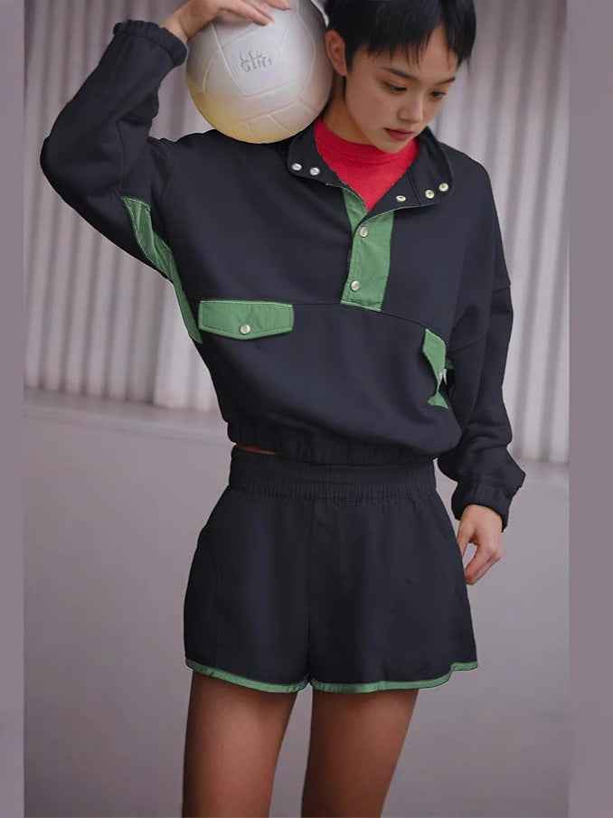 Casual Versatile Stand-collar Loose-fit Color-block Patchwork Long-sleeve Top And Shorts Set