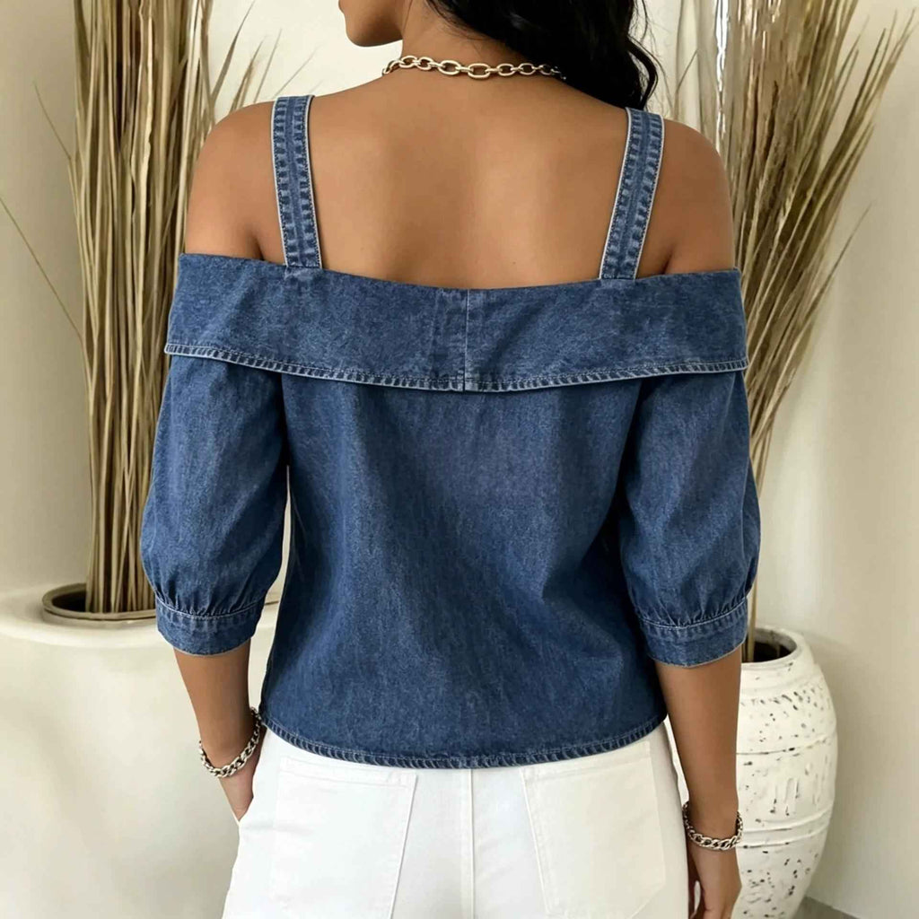 Womens Lapel Denim Washed Top With Suspenders