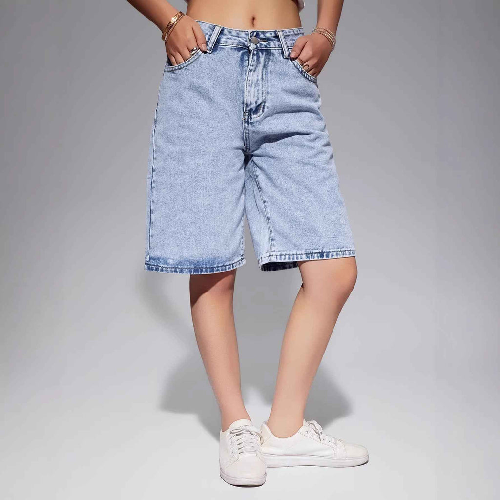 Women's Washed Denim Cropped Shorts – High Waist, Loose Straight Leg