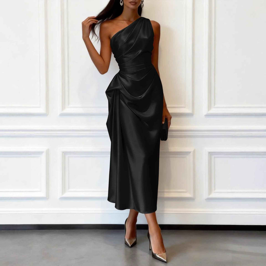 High-elastic Satin Sleeveless Off-shoulder Mid-length Waist-cinching Dress