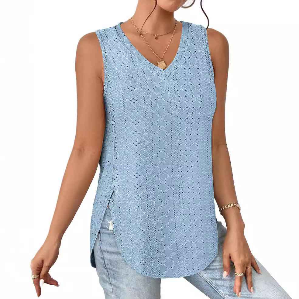 Women's Eyelet Jacquard Sleeveless Top – V-Neck Hollow-Out Vest