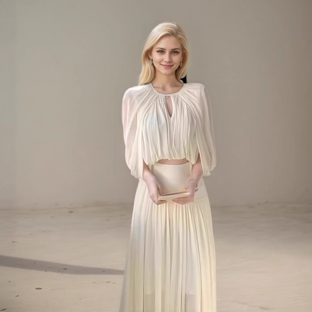 Puff-Sleeve Top & Floor-Length Pleated A-Line Skirt Set