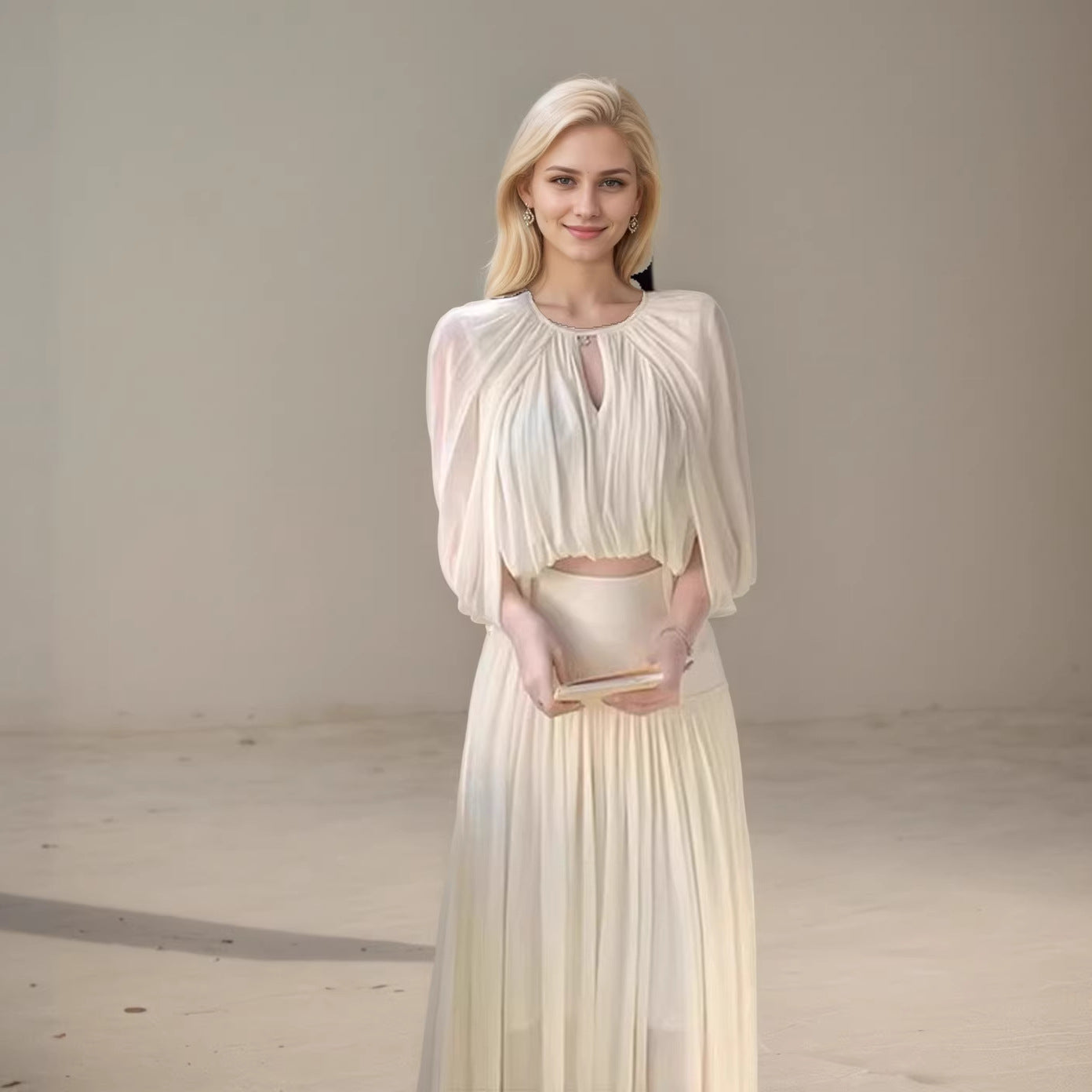 Puff-Sleeve Top & Floor-Length Pleated A-Line Skirt Set