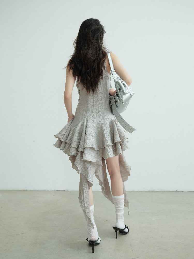 Gray Sleeveless A-line Midi Dress with Asymmetric Hem