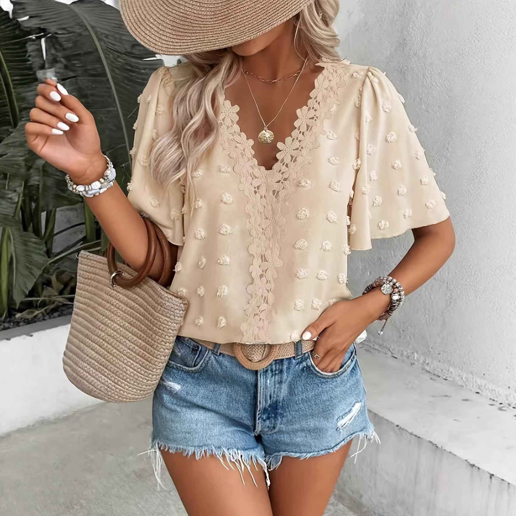 V-Neck Lace-Trim Swiss Dot Blouse – Loose Fit Short Sleeve Top