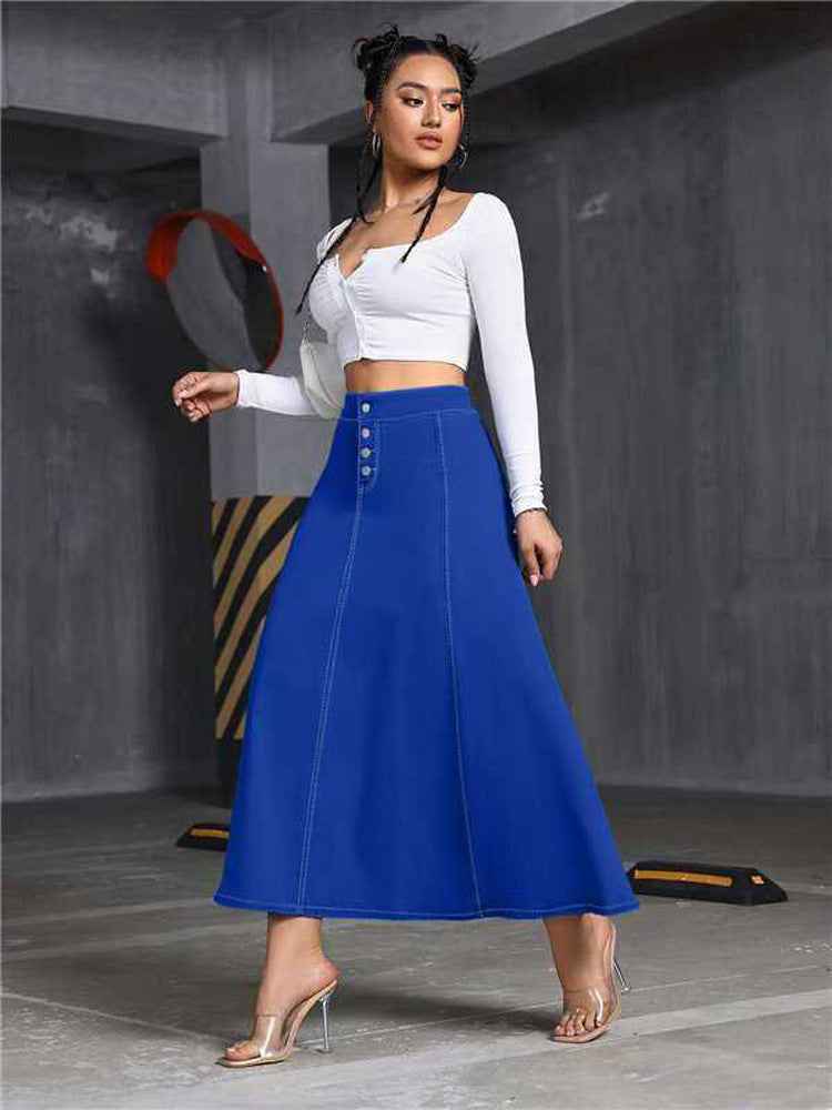Womens Solid-Color Buttoned Hem Denim Skirt