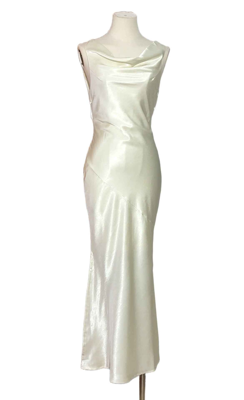 Spaghetti-Strap Open-Back Tie-Detail High-Waist A-Line Satin Maxi Dress