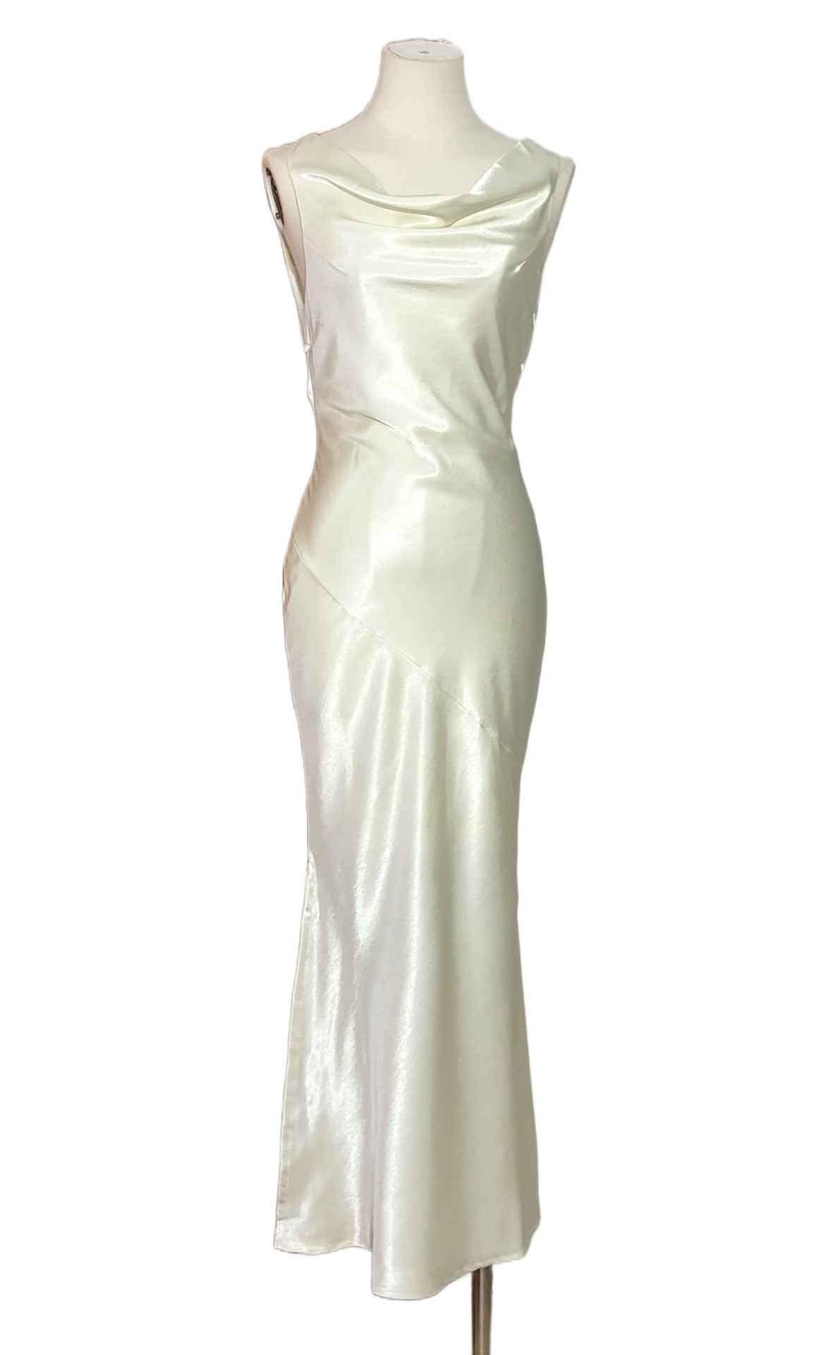 Spaghetti-Strap Open-Back Tie-Detail High-Waist A-Line Satin Maxi Dress
