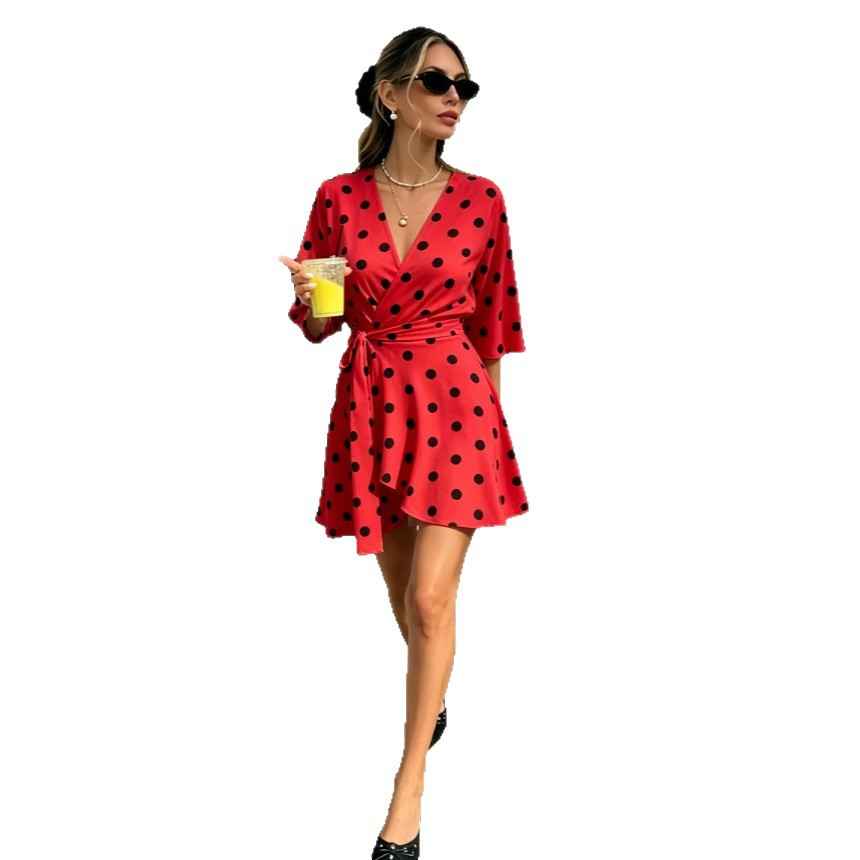 Womens Polka-dot Swing V-neck Dress