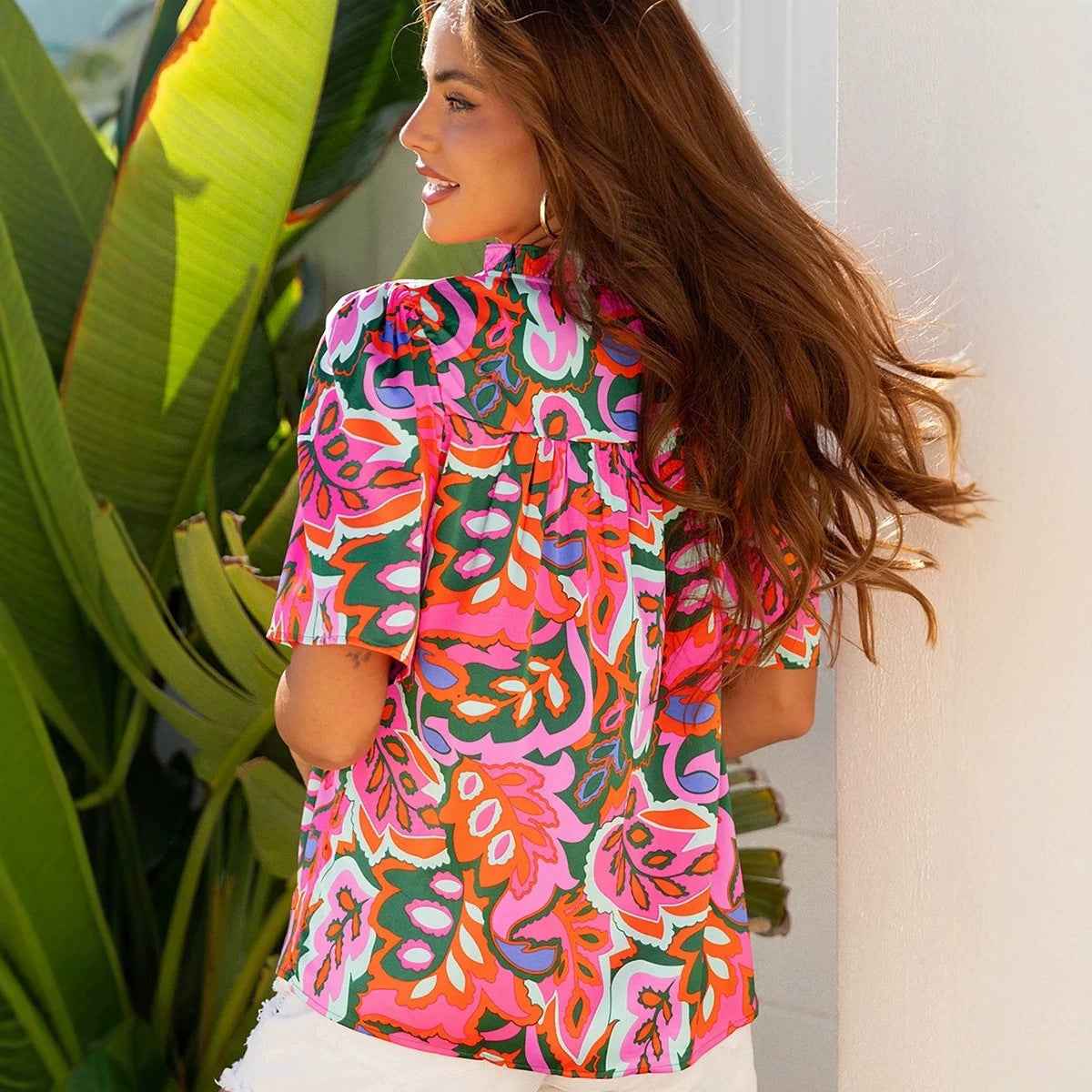 Women's Floral Print Chiffon Blouse – Contrast Detail Pullover Top