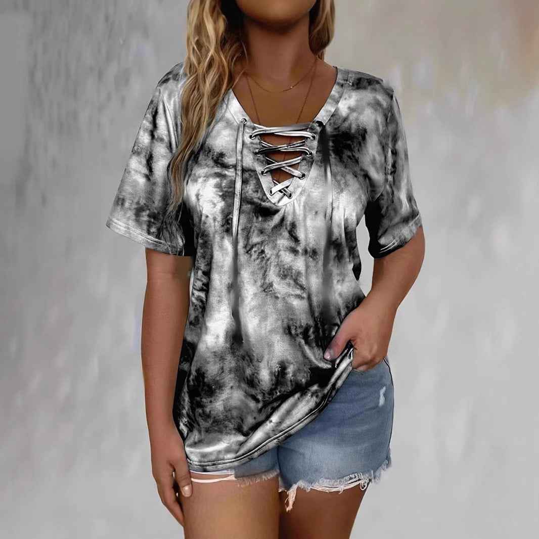 Tie-dye Printed Drawstring Casual Fashion Short-Sleeve T-Shirt