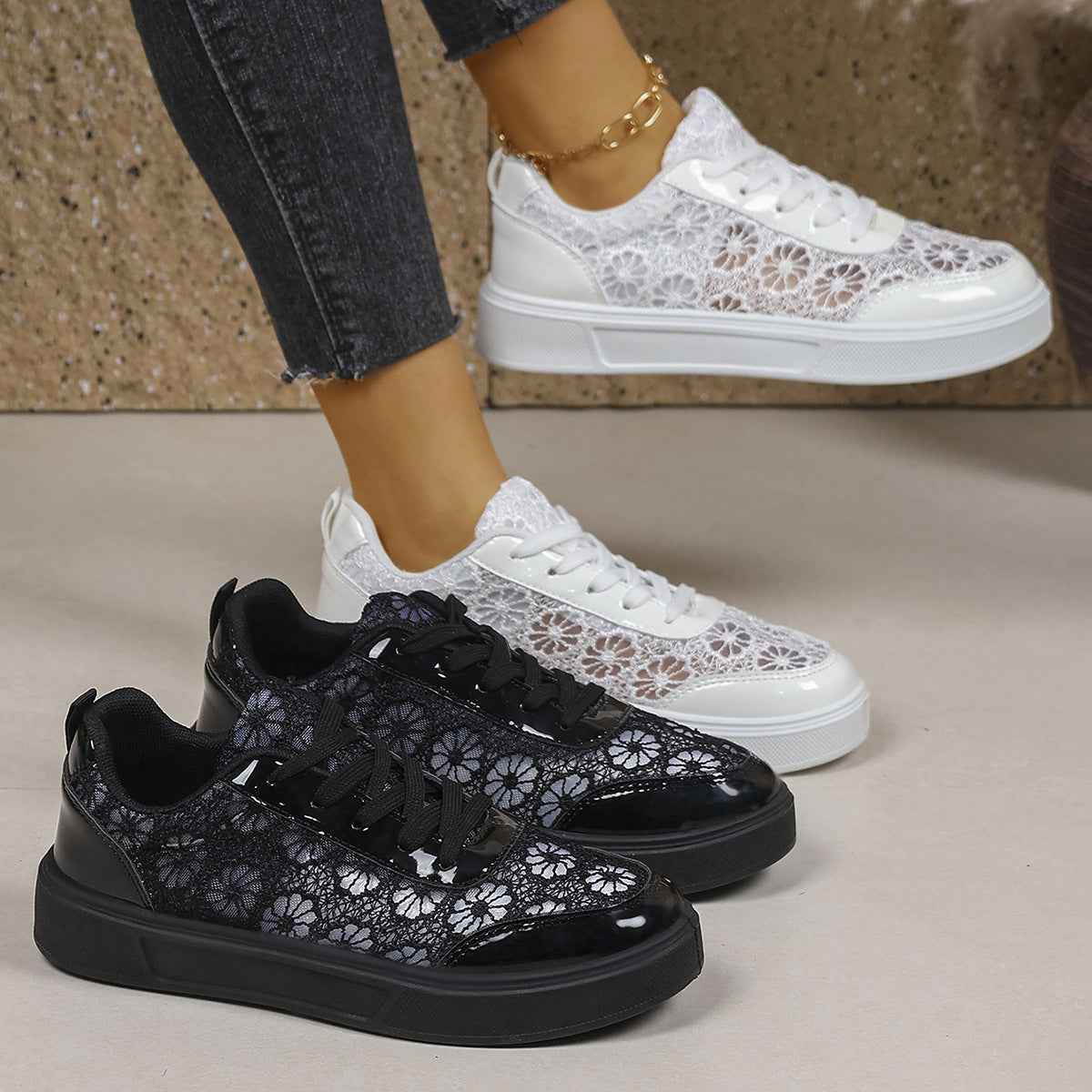 Breathable Mesh Lace-Up Sneakers — Thick Sole, Height-Boosting