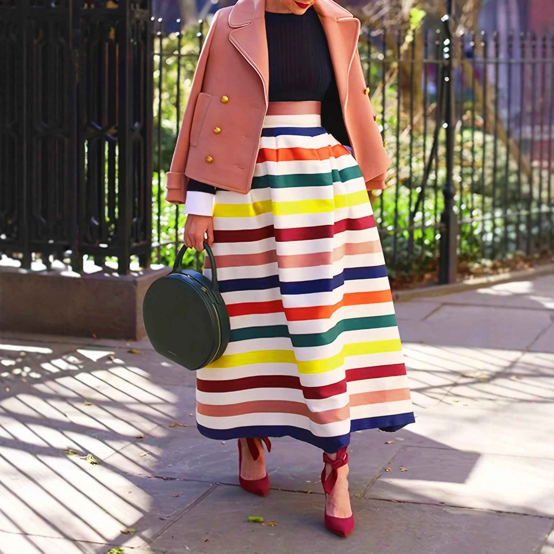 Women's Striped Maxi Skirt – Loose A-Line, Contrast Colour
