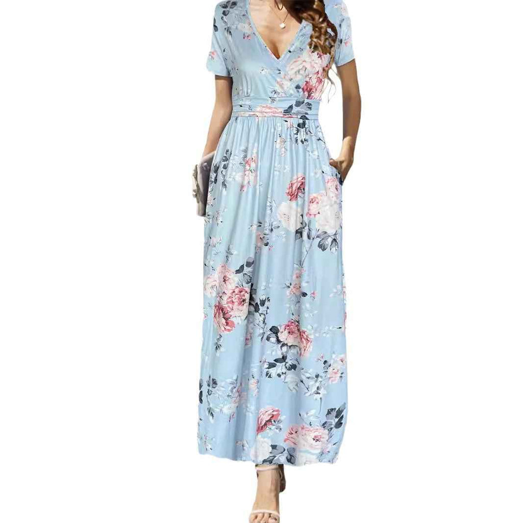 Printed V-neck Short Sleeve Dress
