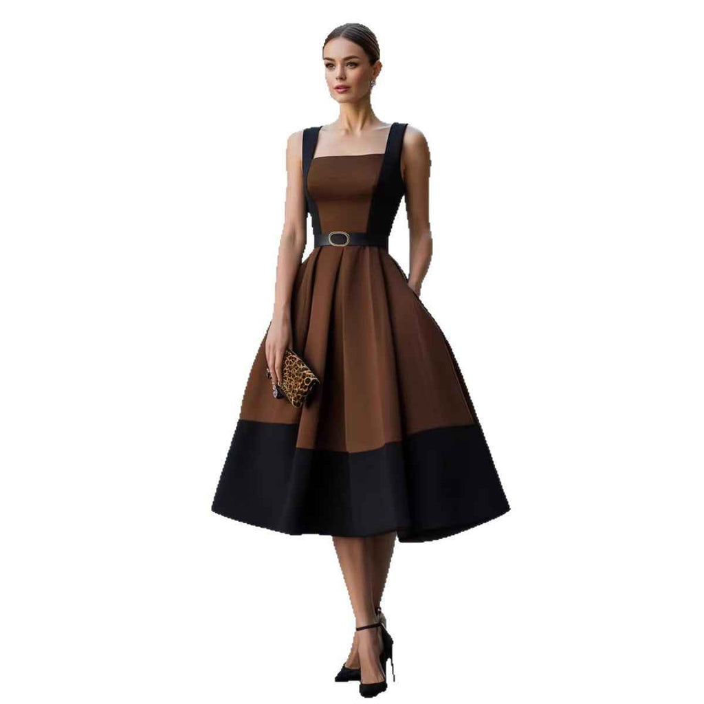 Retro-style Patchwork Wide-strap Waist-cinching Figure-flattering Refined Workwear Dress