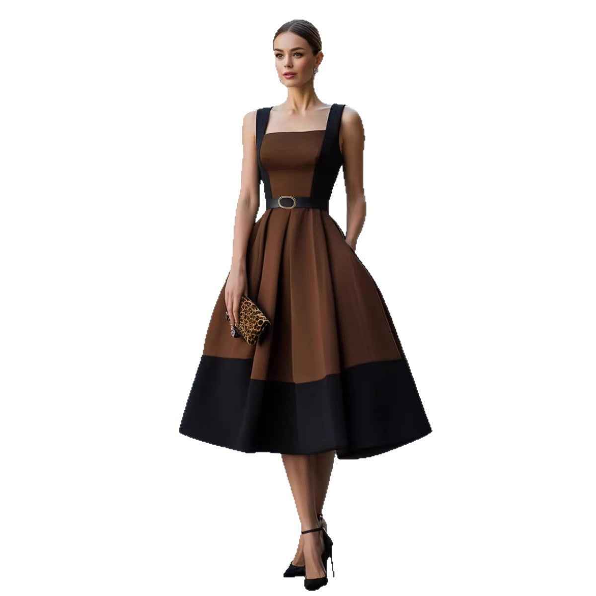 Retro-style Patchwork Wide-strap Waist-cinching Figure-flattering Refined Workwear Dress