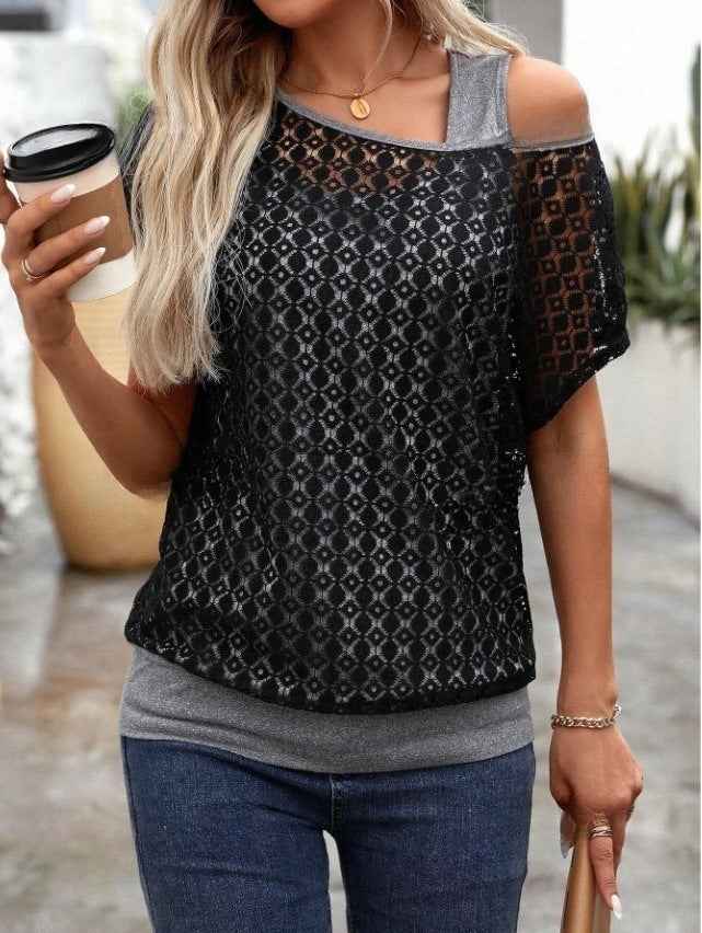 Jacquard Knit Faux Two-Piece Top – Mesh Detail