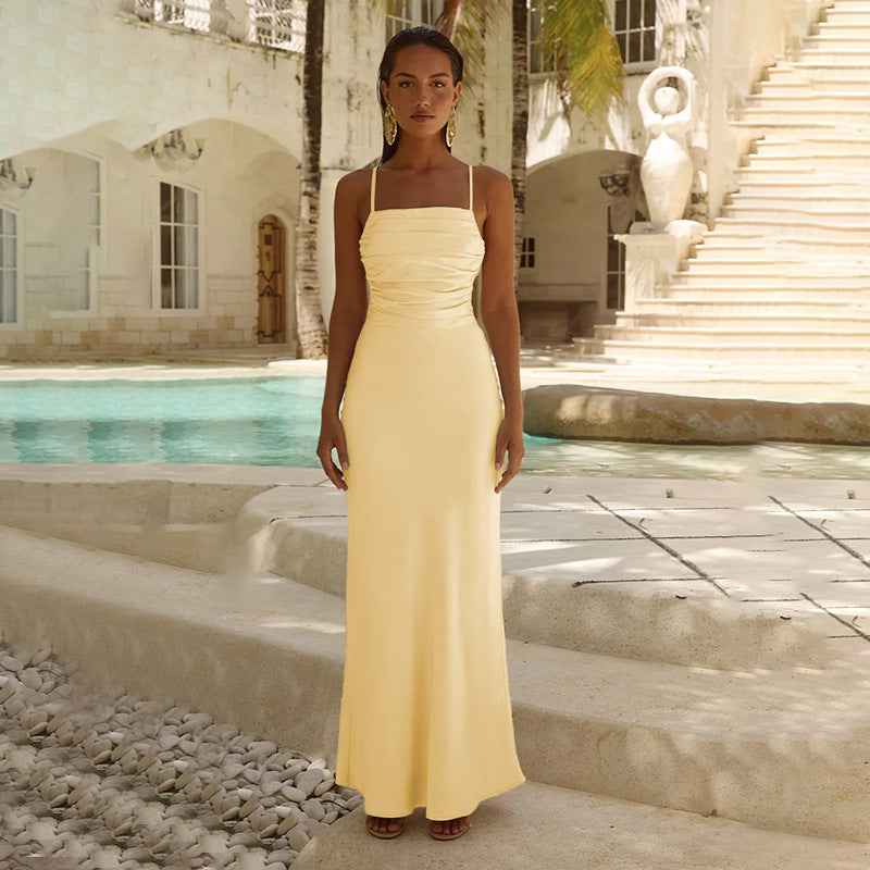 Open-Back Lace-Up Slip Dress – High Waist Maxi for Women