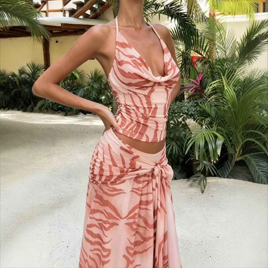 Womens Halter-top Blouse And Skirt Two-piece Set