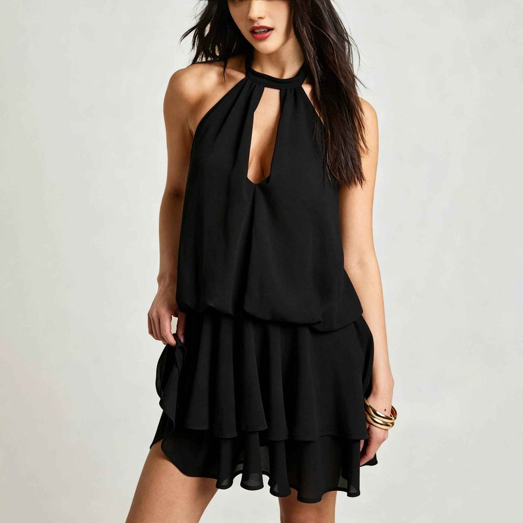 Elegant Backless Chiffon Mini Dress With A Flounced Hem For Summer