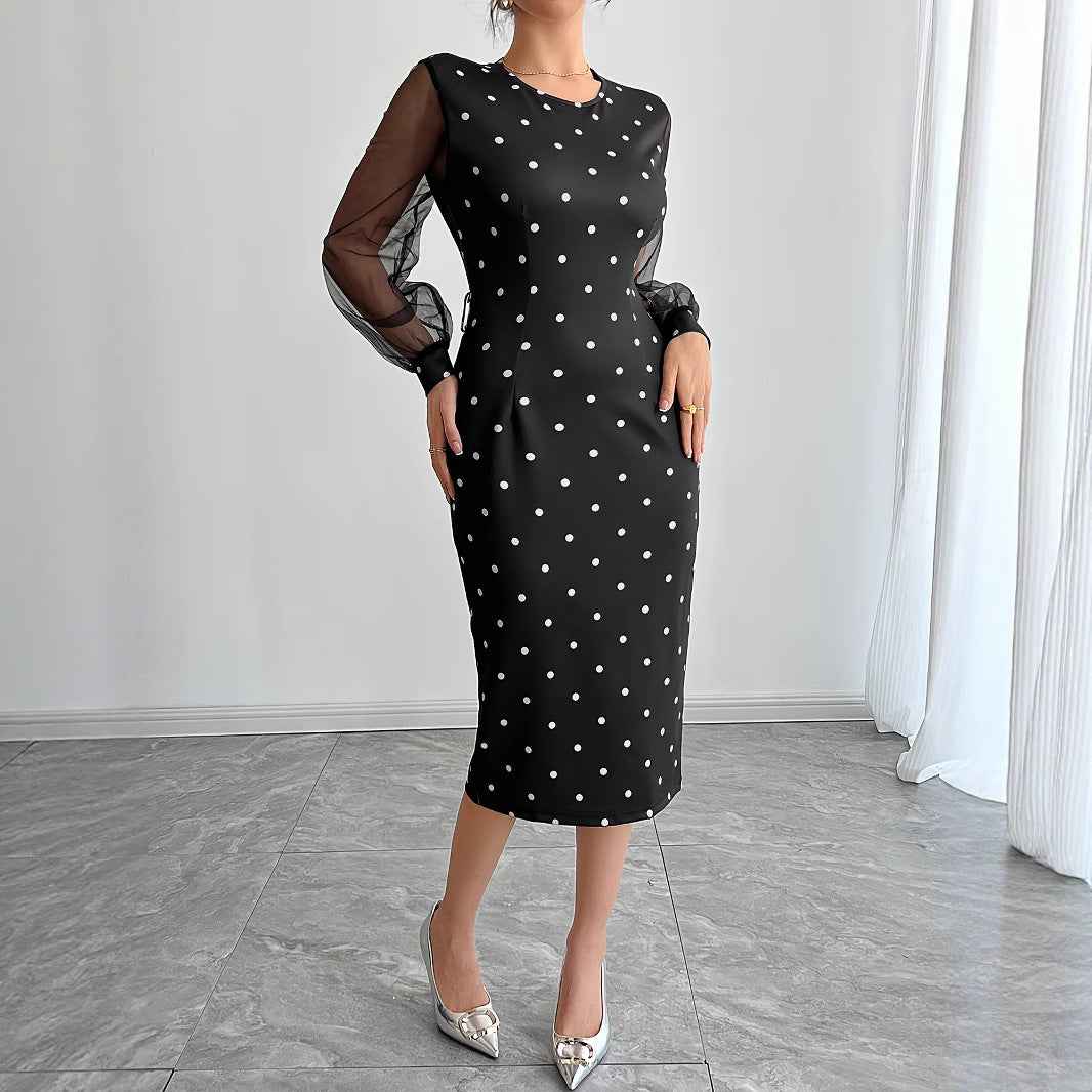 Round-neck Polka-dot Dress With Mesh Sleeves