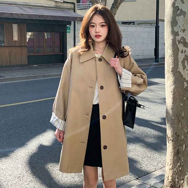 Khaki Geometric Trench Coat — Korean Style, Wrinkle-Resistant, Long Sleeve