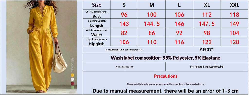 Women's Button-Front Wide-Leg Jumpsuit - S to XXL bust waist hip and length chart