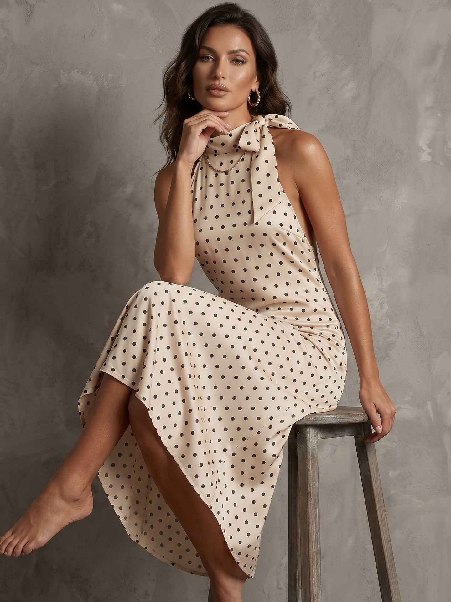 Designer-style Polka-dot Sleeveless Halter-neck Dress For Women