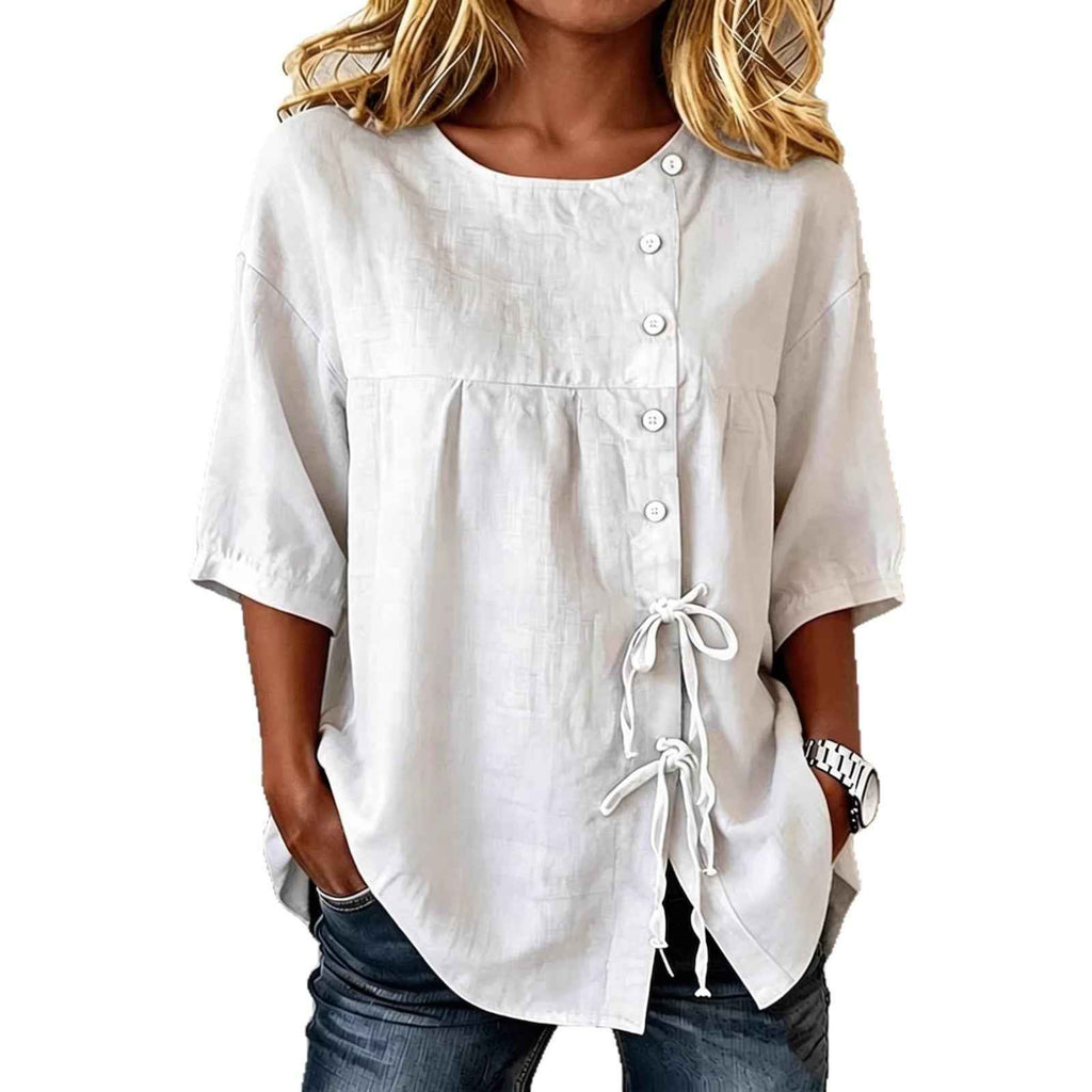 Lace-Up Button Linen Shirt – Asymmetric Three-Quarter Sleeve