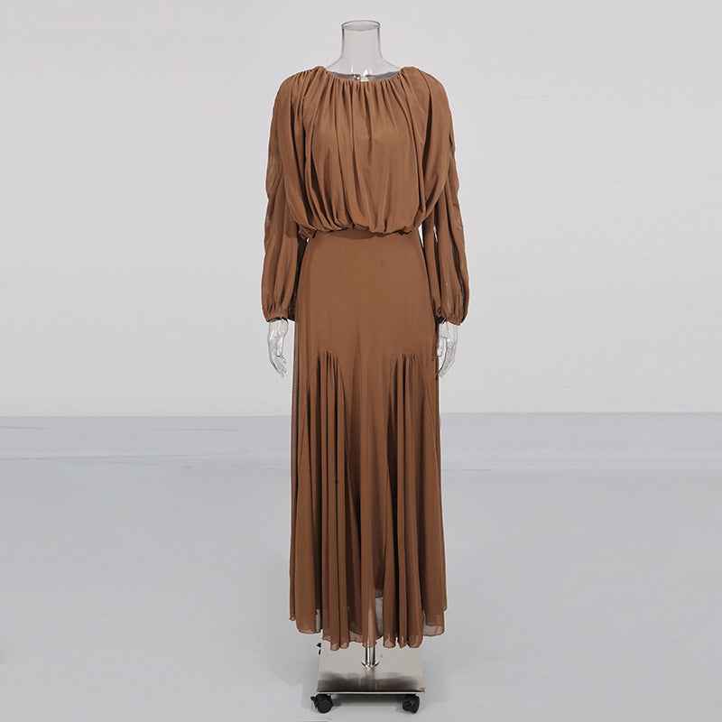 High-Waist Long-Sleeve Pleated Loose A-Line Floor-Length Maxi Dress