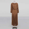 High-Waist Long-Sleeve Pleated Loose A-Line Floor-Length Maxi Dress