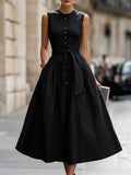 Sleeveless Off-Shoulder Pleated Flared Hem Linen Maxi Dress