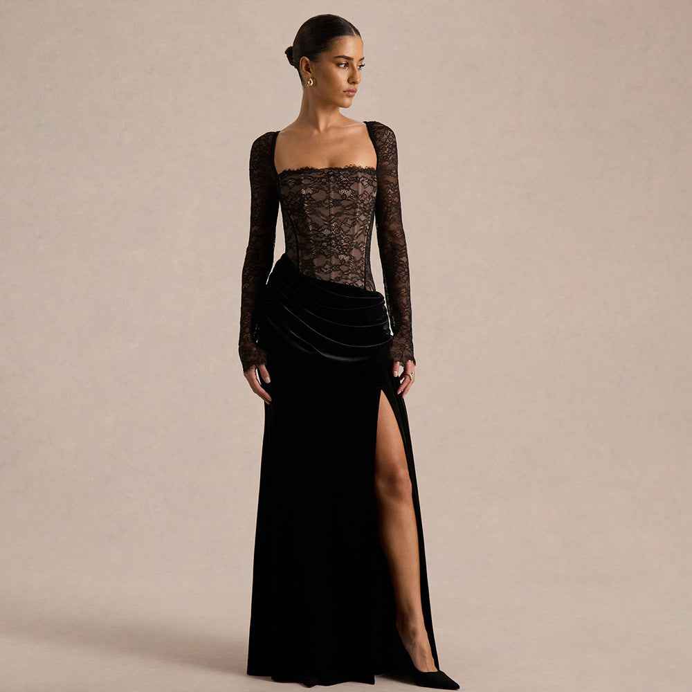 Long-Sleeve Patchwork Lace Demure Dress