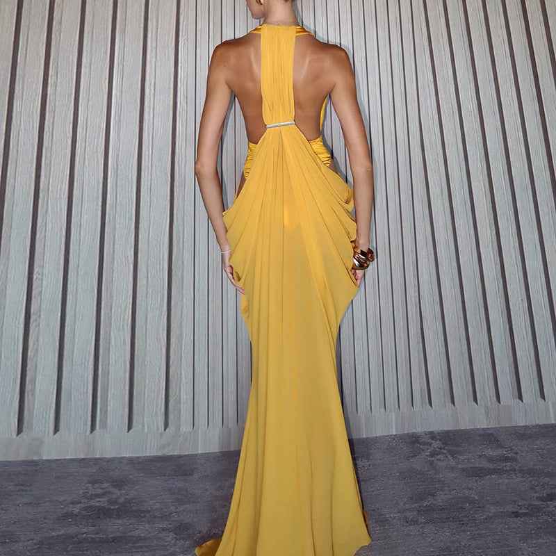 Deep V Sexy Pleated Waist Dress