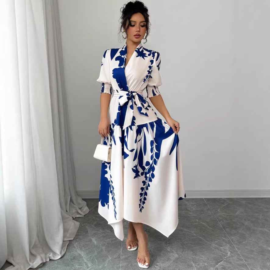 Floral Print V-Neck A-Line Midi Dress — Blue & White, S–XL