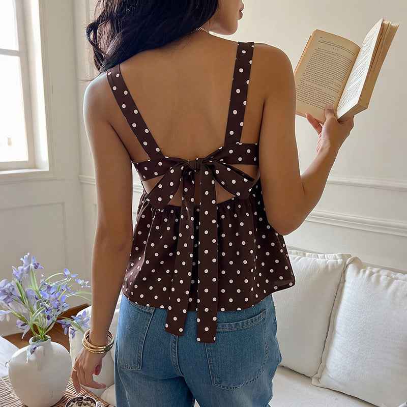 French-style Vintage Wave-patterned Square-neck Ruffled-strap Womens Camisole