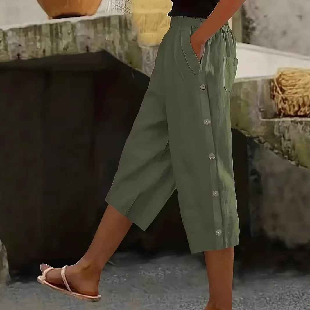 Women's High-Waist Solid Colour Cropped Trousers with Pockets