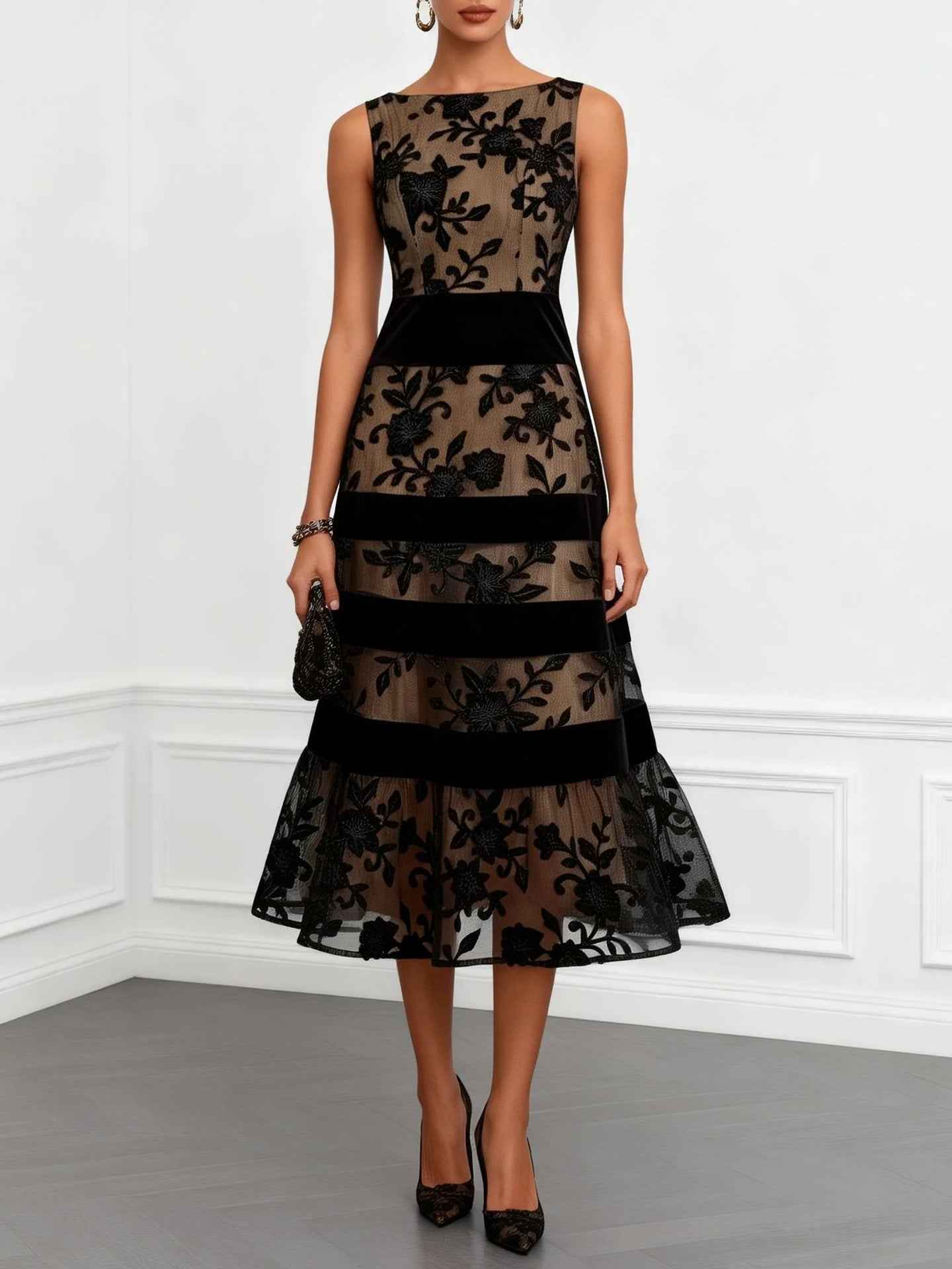 Mesh Flock-Print Jacquard Patchwork Midi Dress — Sleeveless Slim-Fit