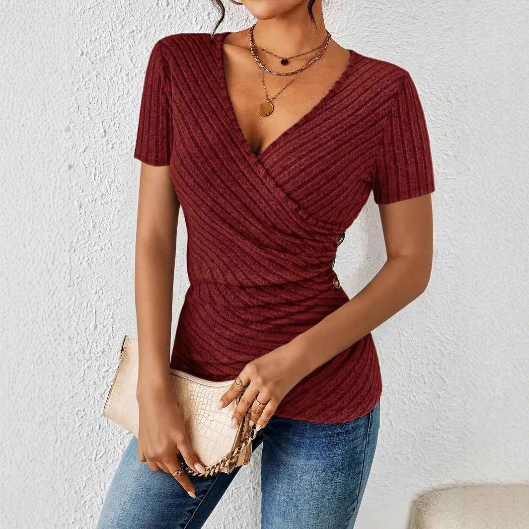 Solid-color V-neck Casual Short-sleeve Womens Top
