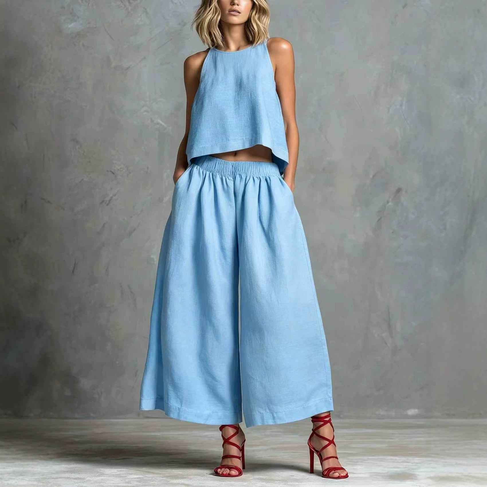 Loose Laid-back Linen Vest And Wide-leg Pants Set