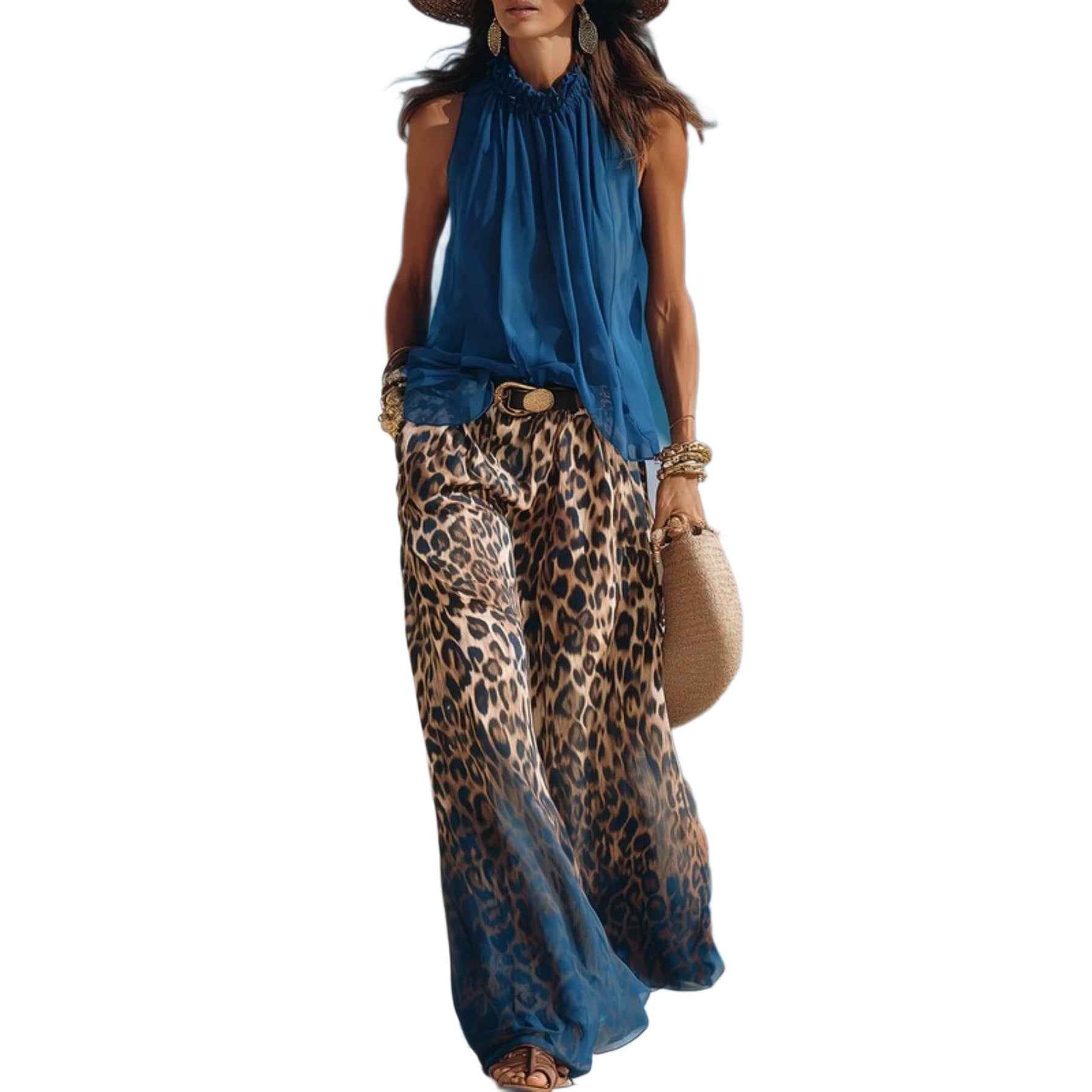 Halter-neck Sleeveless Chiffon Top And Leopard-print Gradient Wide-leg Pants Set