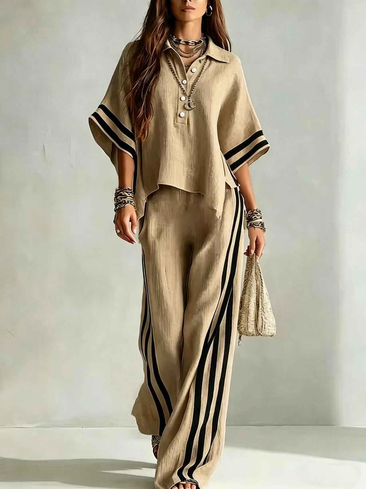 3/4-Sleeve Shirt & Wide-Leg Trousers Set — Plus Size, Commuter Style