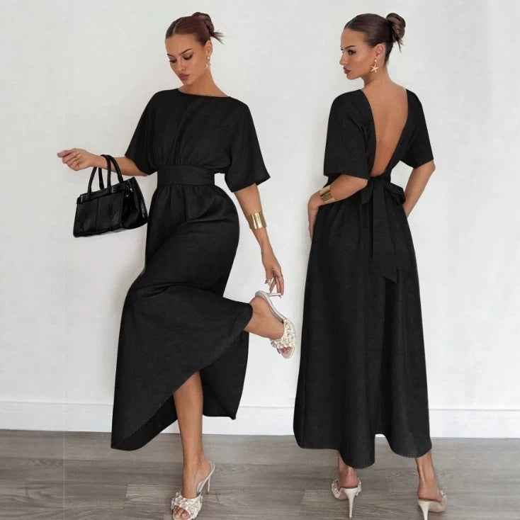 Solid Color Long Dress with V-back, Tie Waist & Flared Hem