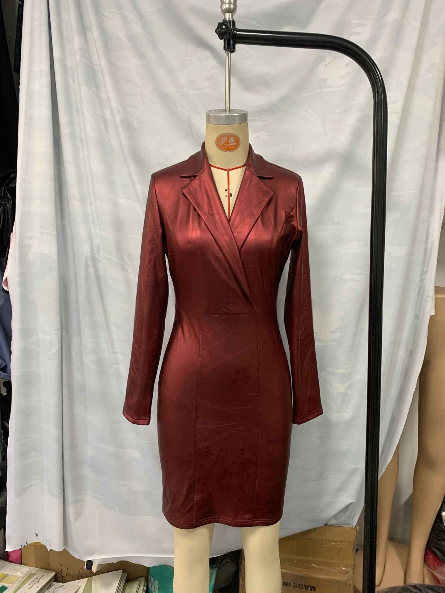 Womens Leather V-neck Slim-fit Dress