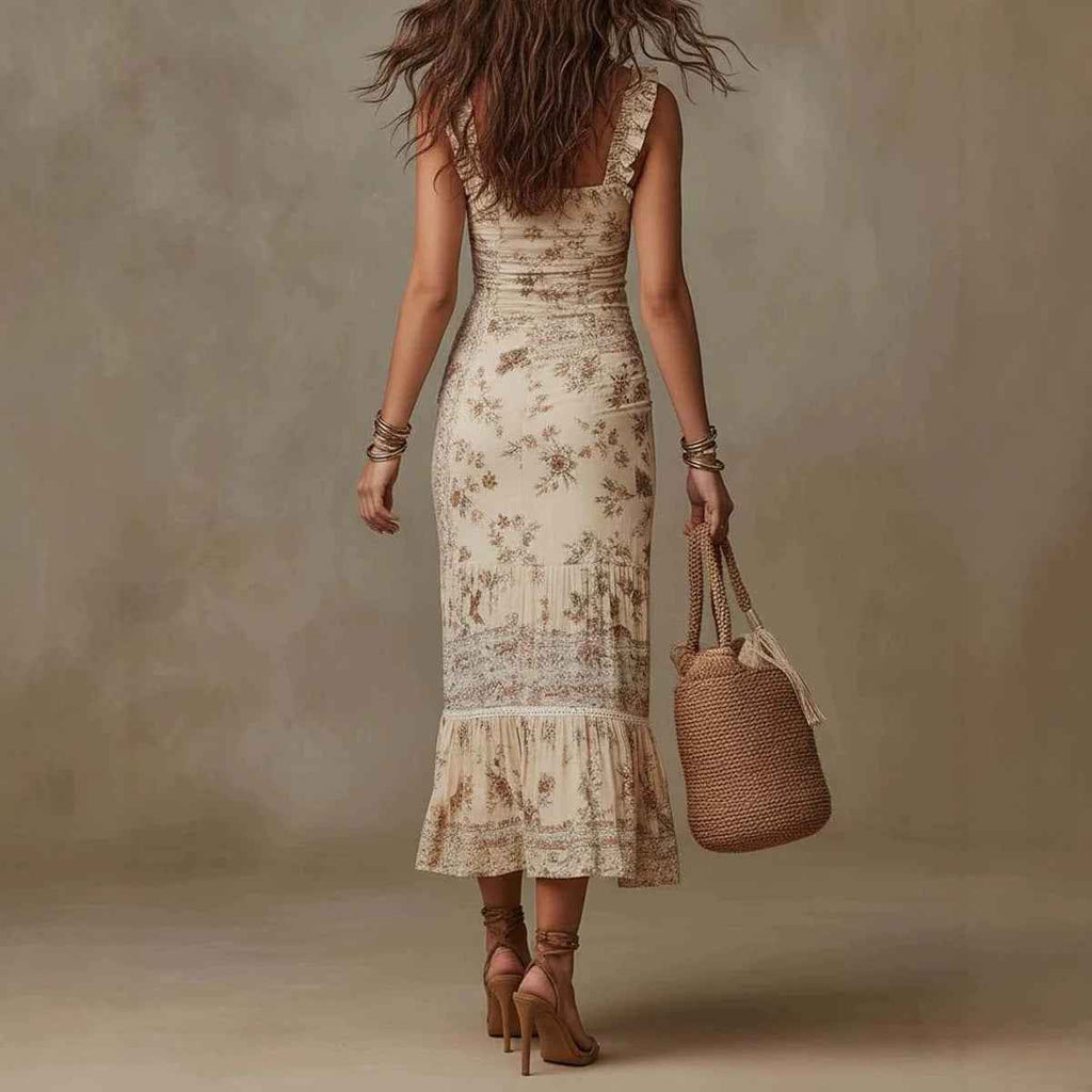 Strap Waist-cinching Pleated Midi Dress