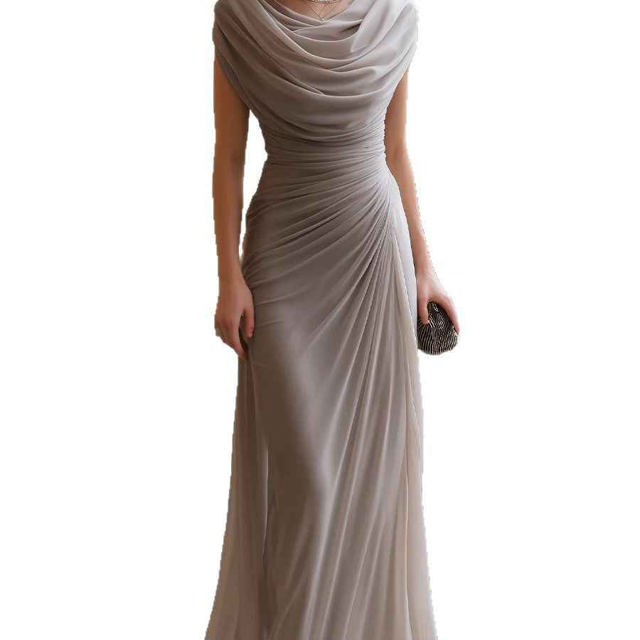 Mercerized Draped-Collar Pleated Sleeveless Slim-Fit Maxi Dress