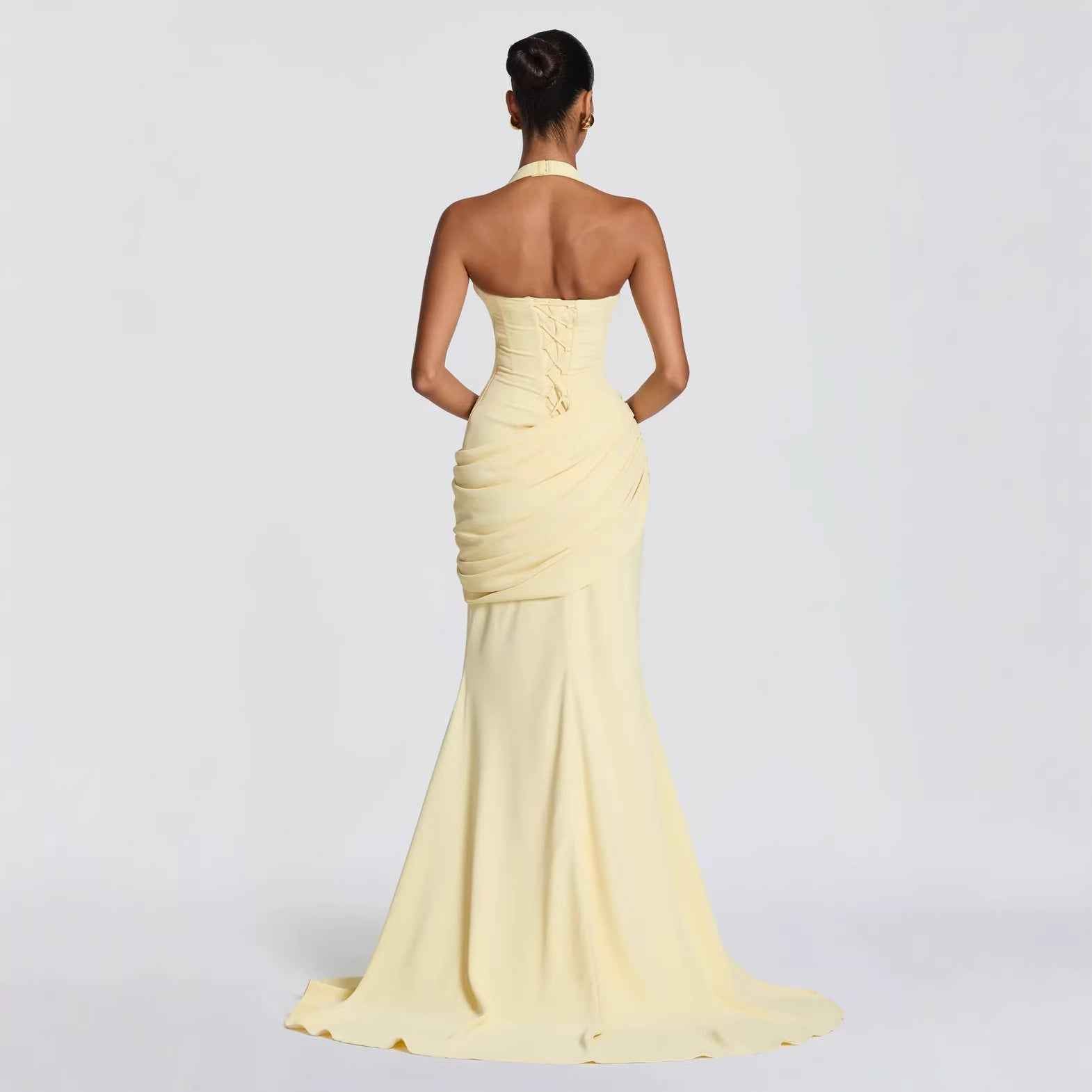 Halter-Neck Pleated A-Line Maxi Dress — Cinched Waist, Sleeveless, Elegant