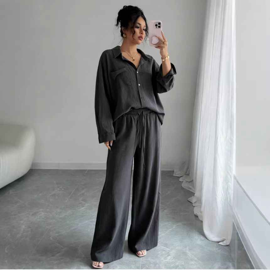 Plus-Size Asymmetric Shirt & High-Waist Wide-Leg Pants – Women’s Casual Two-Piece