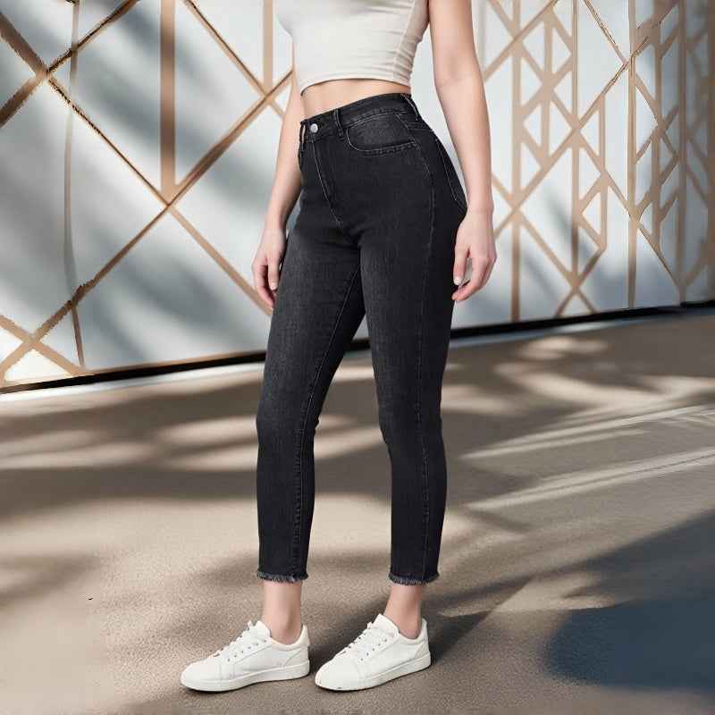 Women's High-Waisted Black Skinny Jeans – Frayed Hem