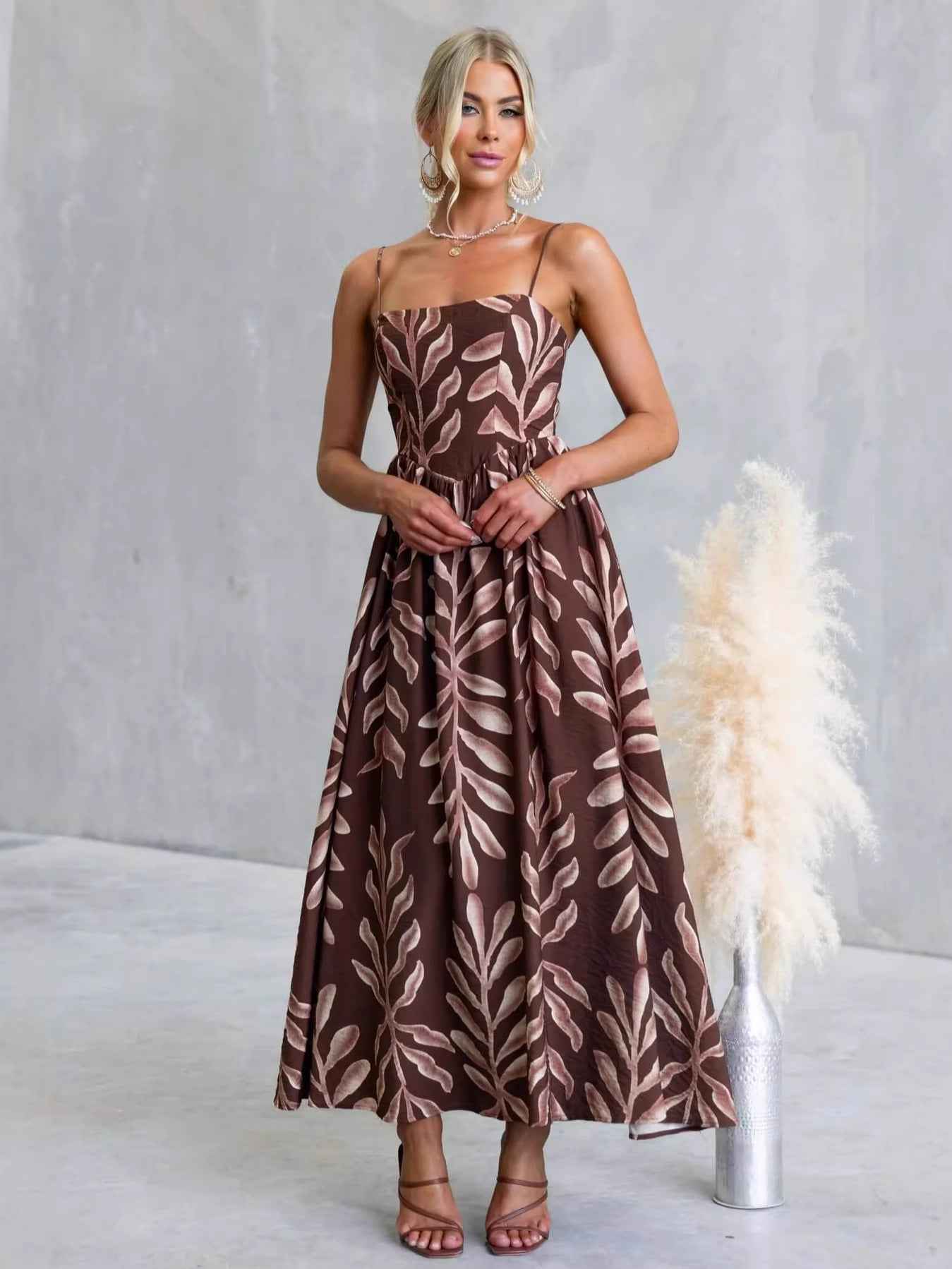 Leaf Print Spaghetti Strap Flared Maxi Dress